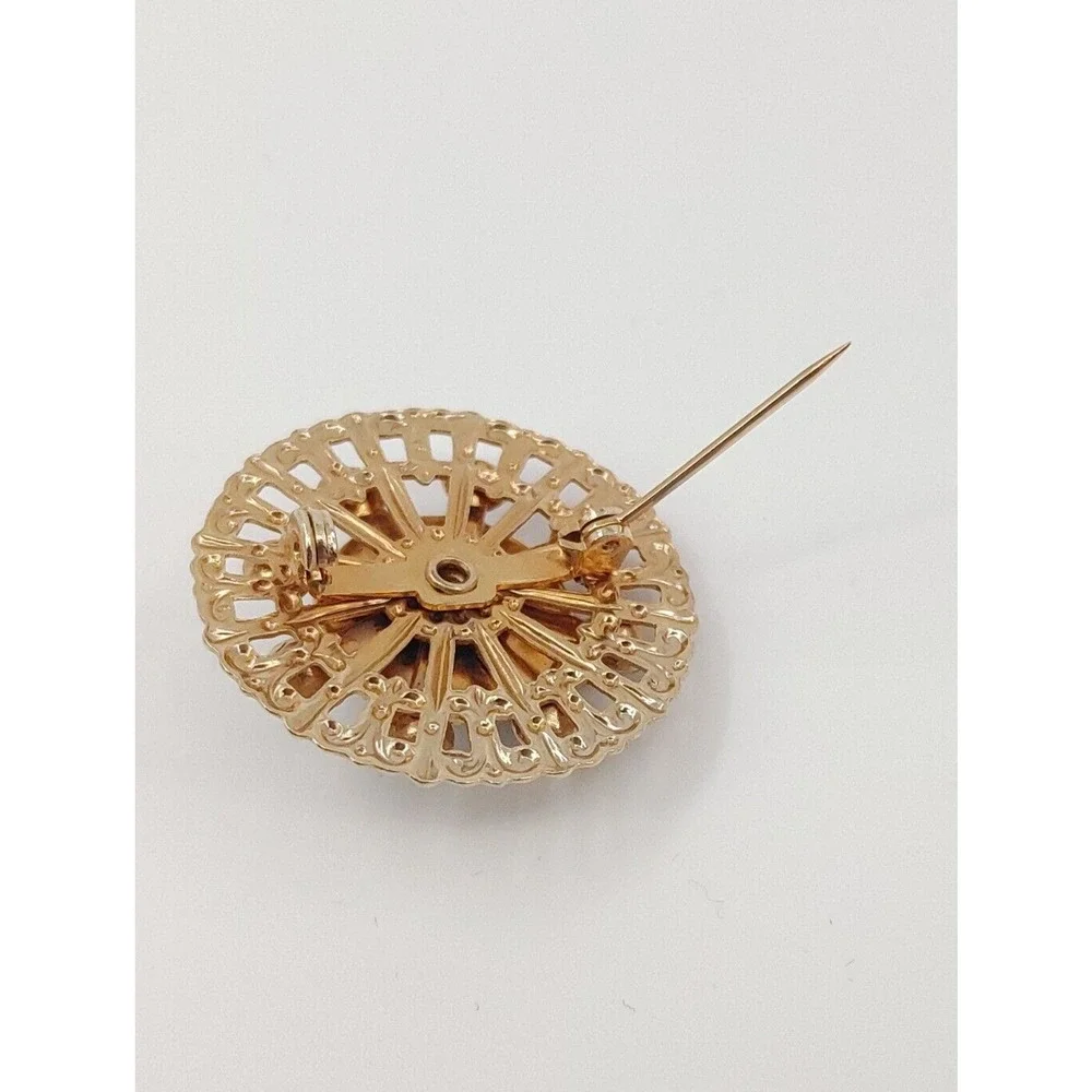Vintage Flower‎ Brooch Pin Black Gold-Tone Rhinestone Victorian
